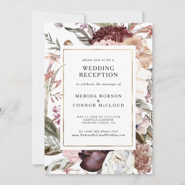 Burgundy Boho Floral Wedding Reception Invitation (Front)