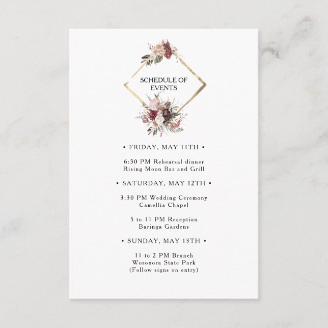 Burgundy Boho Floral Wedding Schedule of Events Enclosure Card (Front)
