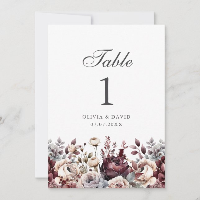 Burgundy Boho Floral Wedding Table Number (Front)
