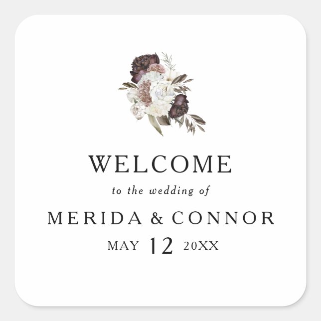 Burgundy Boho Floral Wedding Welcome Square Sticker (Front)