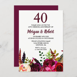 Burgundy Boho Flowers 40th Wedding Anniversary Invitation