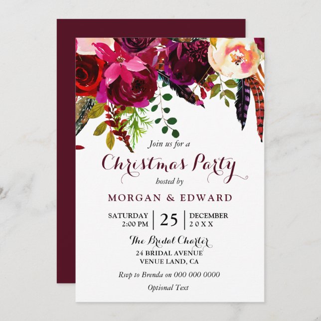 Burgundy Boho Flowers Christmas Party Invitation (Front/Back)