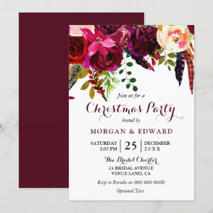 Burgundy Boho Flowers Christmas Party Invitation