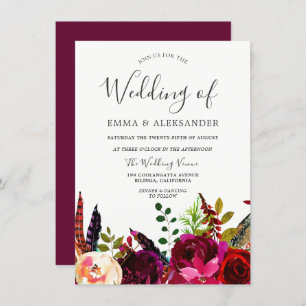 Burgundy Boho Flowers Fall Autumn Wedding Invitation