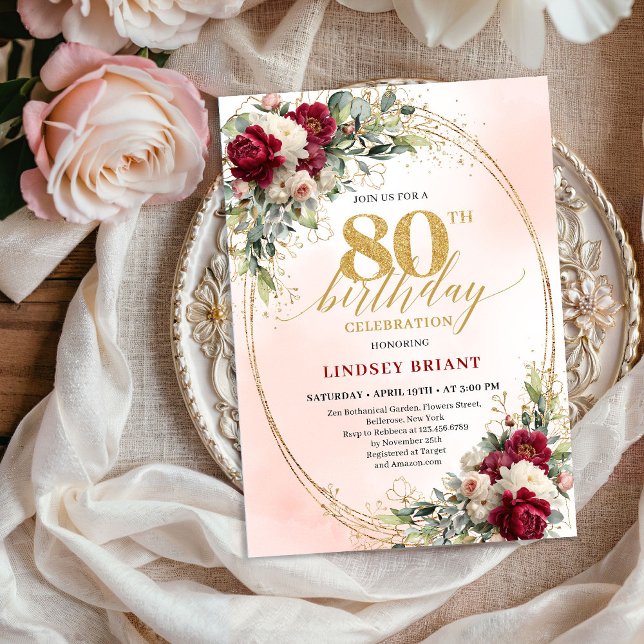 Burgundy Boho Garden Floral 80th Birthday Invite (Burgundy Boho Garden Floral 80th Birthday Invitation)