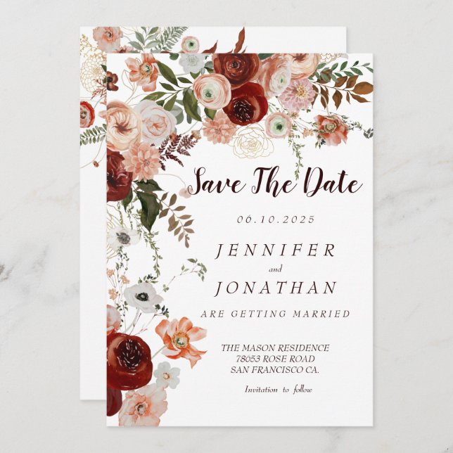 Burgundy Boho Gold Floral  Save the Dates Invitation (Front/Back)