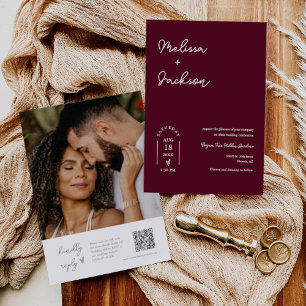 Burgundy Boho Minimalist Wedding QR Code Photo Invitation