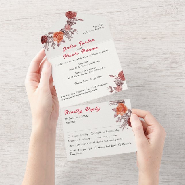 Burgundy Boho Rose Floral Pampas Grass Wedding All In One Invitation (Tearaway)