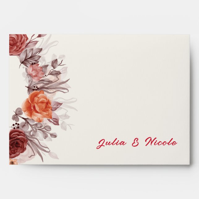 Burgundy Boho Rose Floral Pampas Grass Wedding Envelope (Front)