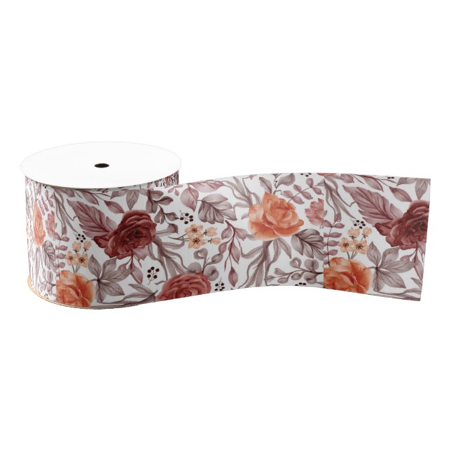 Burgundy Boho Rose Floral Pampas Grass Wedding Grosgrain Ribbon (Spool)