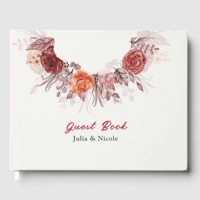 Burgundy Boho Rose Floral Pampas Grass Wedding Guest Book (Front)