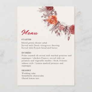 Burgundy Boho Rose Floral Pampas Grass Wedding Menu