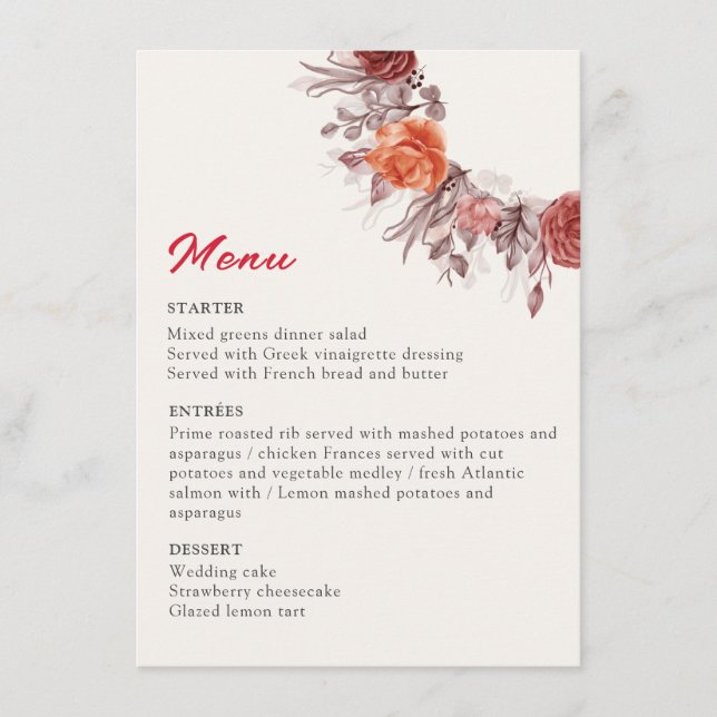 Burgundy Boho Rose Floral Pampas Grass Wedding Menu (Front)