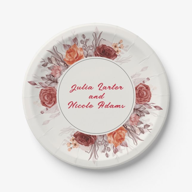 Burgundy Boho Rose Floral Pampas Grass Wedding Paper Plate (Front)