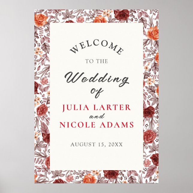 Burgundy Boho Rose Floral Pampas Grass Wedding Poster (Front)