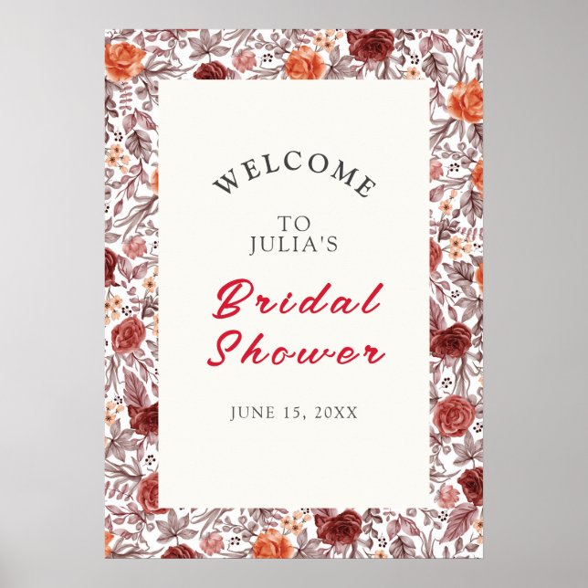 Burgundy Boho Rose Floral Pampas Grass Wedding Poster (Front)