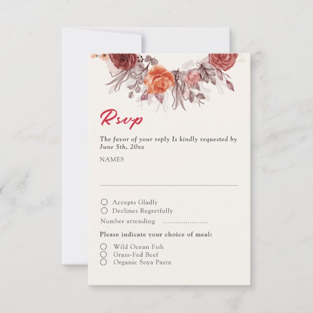Burgundy Boho Rose Floral Pampas Grass Wedding RSVP Card (Front)