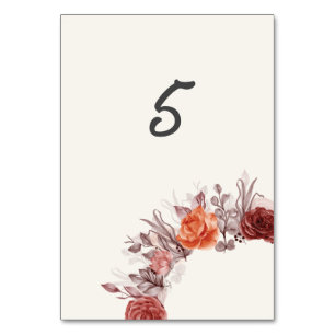 Burgundy Boho Rose Floral Pampas Grass Wedding Table Number