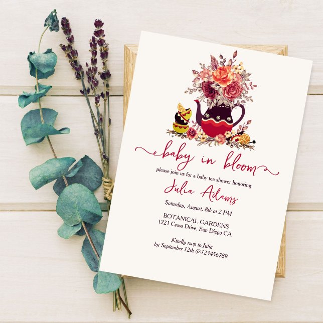 Burgundy Boho Rose Pampas Lemon Tea Baby Shower Invitation (Creator Uploaded)