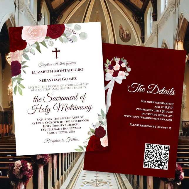 Burgundy Boho Roses Catholic QR Code Wedding Invitation (front/back)