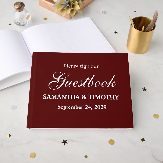 Burgundy Boho Simple Modern Minimalist Wedding Guest Book (Front Open)