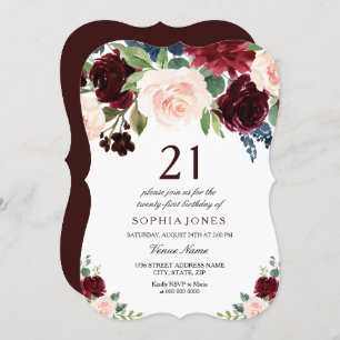 Burgundy Boho Watercolor Blush 21st Birthday Party Invitation