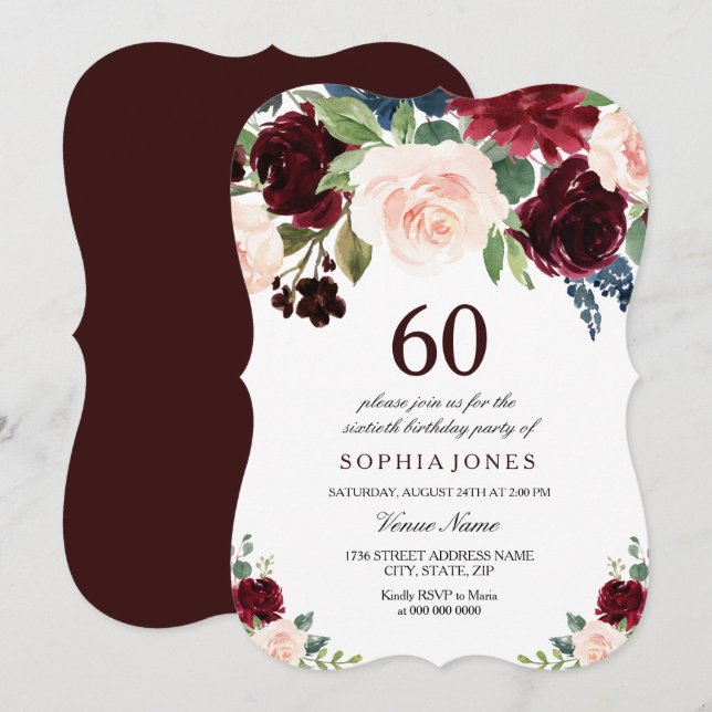 Burgundy Boho Watercolor Blush 60th Birthday Party Invitation (Front/Back)