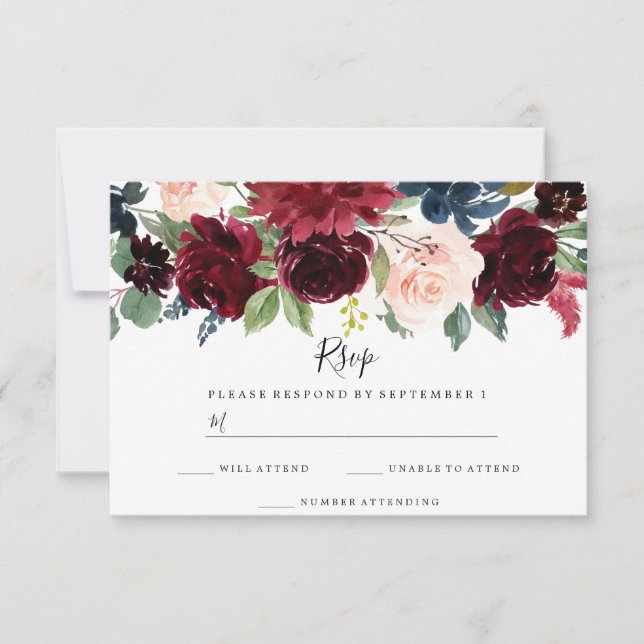 Burgundy Boho Watercolor Floral Wedding RSVP Card (Front)
