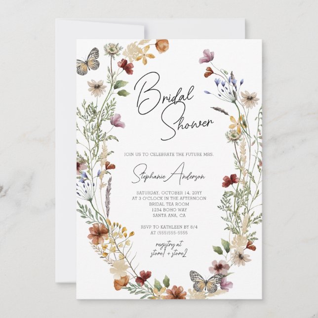 Burgundy Boho Wildflower Bridal Shower Invitation (Front)