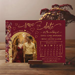 Burgundy Boho Wildflowers Photo & Calendar Wedding Save The Date<br><div class="desc">This rustic boho chic wedding Save the Date card features an autumn theme with fancy script lettering and wildflowers in rich shades of burgundy, sienna, and gold. There is space for your photo in an arch shaped frame, the couple's name & wedding location, and a custom calendar where you can...</div>