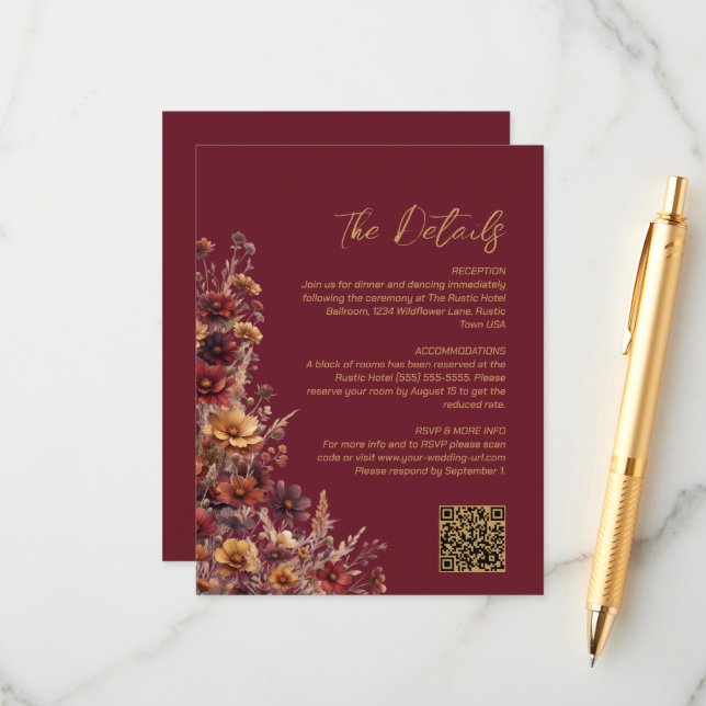 Burgundy Boho Wildflowers QR Code Wedding Details Enclosure Card (Front/Back In Situ)