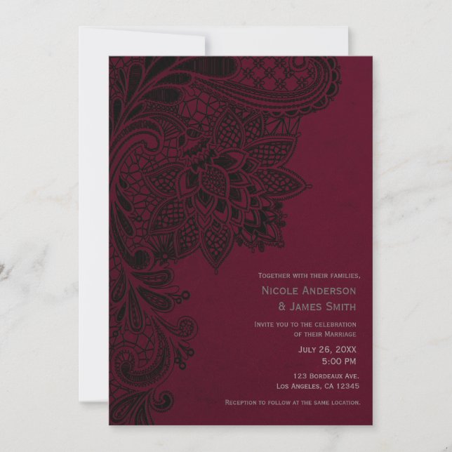Burgundy Bordeaux Black Vintage Lace Wedding Invitation (Front)