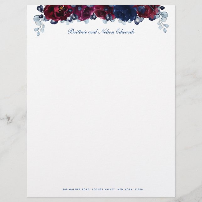 Burgundy Bordeaux Sapphire Peony Floral 2 Custom Letterhead (Front)