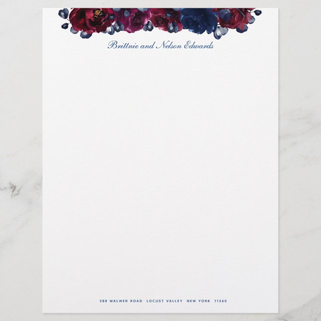 Burgundy Bordeaux Sapphire Peony Floral Custom Letterhead (Front)