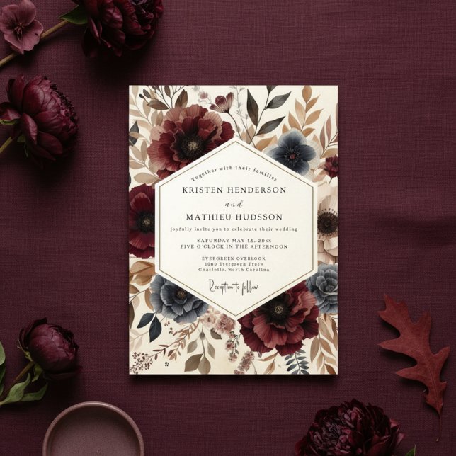 Burgundy Botanical Autumn Wedding Invitation (Creator Uploaded)