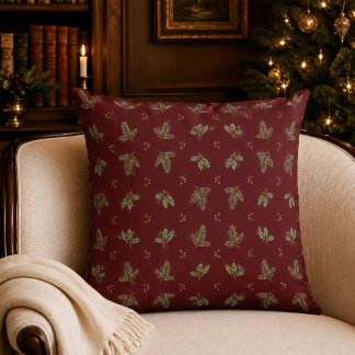 Burgundy Botanical Christmas Throw Pillow