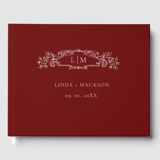 Burgundy botanical crest monogram wedding guest book (Front)