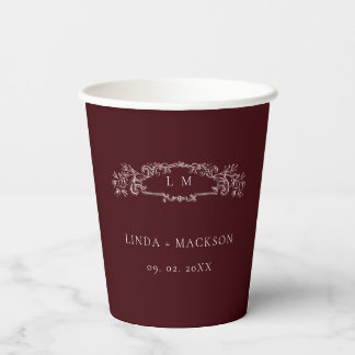 Burgundy botanical crest monogram wedding paper cups