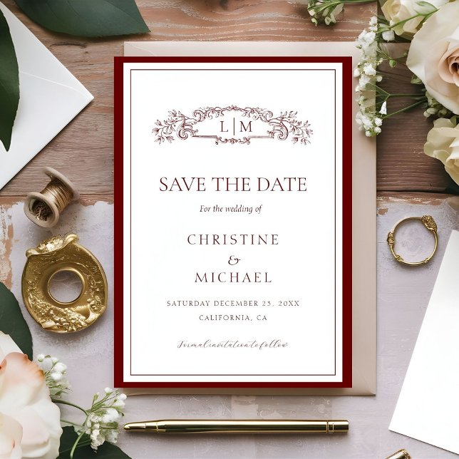 Burgundy botanical crest monogram wedding save the date (Creator Uploaded)