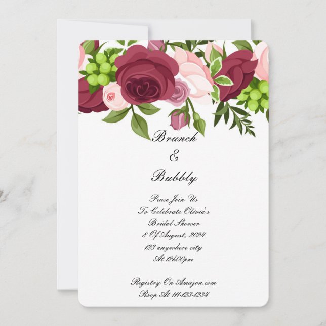 Burgundy botanical floral bridal shower invitation (Front)