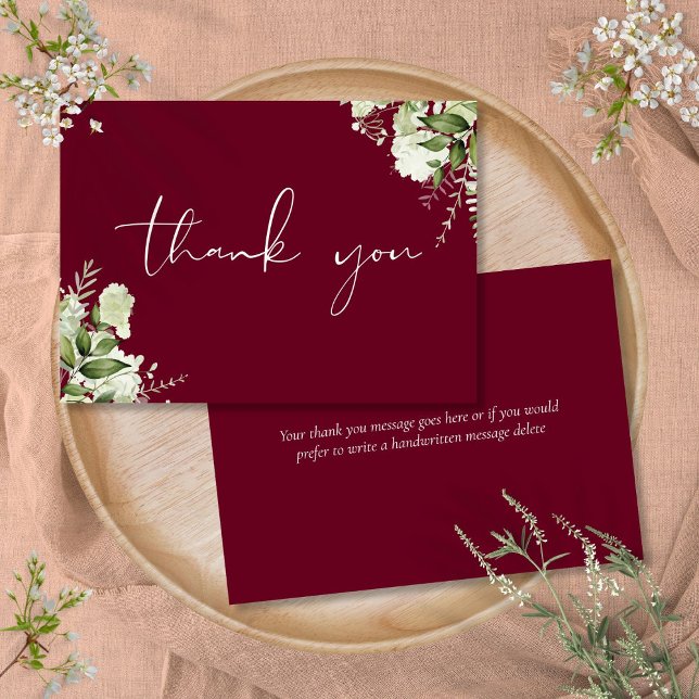 Burgundy Botanical Greenery Elegant Script Thank You Card (Burgundy Botanical Greenery Elegant Script Thank You Card)