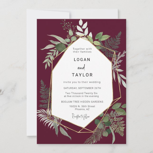 Burgundy Botanical Greenery Gold QR Code Photo Invitation (Front)