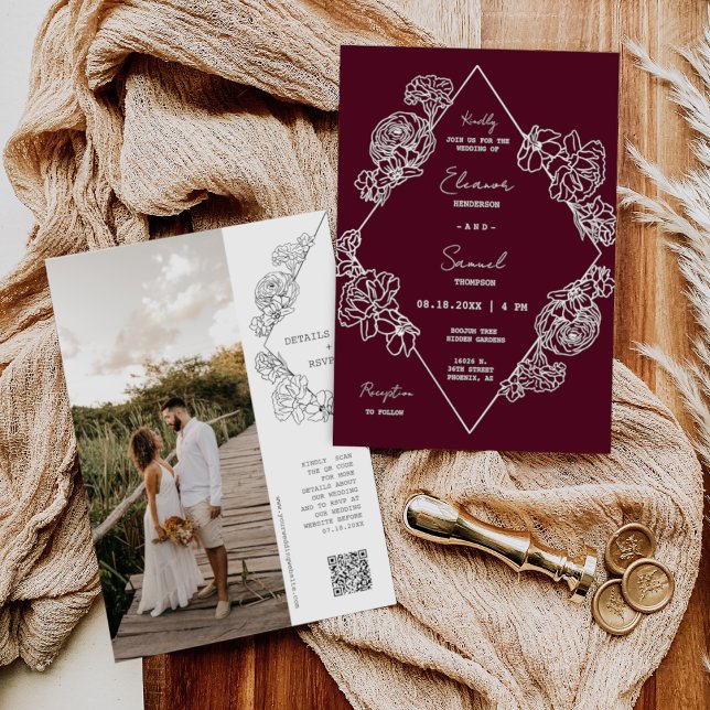 Burgundy Botanical Line Art Boho QR Code Photo Invitation (Creator Uploaded)