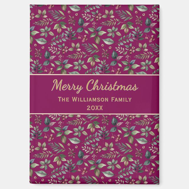 Burgundy Botanical Merry Christmas Personalised Magnet (Front)