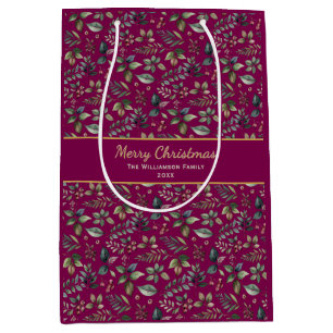 Burgundy Botanical Pattern Personalised Christmas Medium Gift Bag