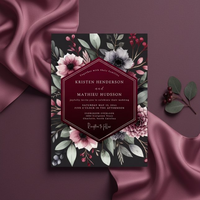 Burgundy Botanical Romance Wedding Invitation (Creator Uploaded)