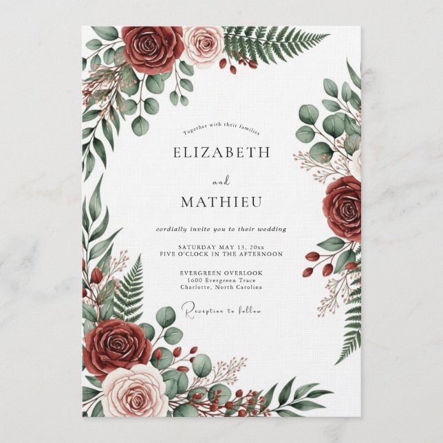 Burgundy Botanical Romantic Wedding Invitation (Front)