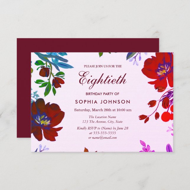 Burgundy Botanical Tropical 80th Birthday Invite (Front/Back)