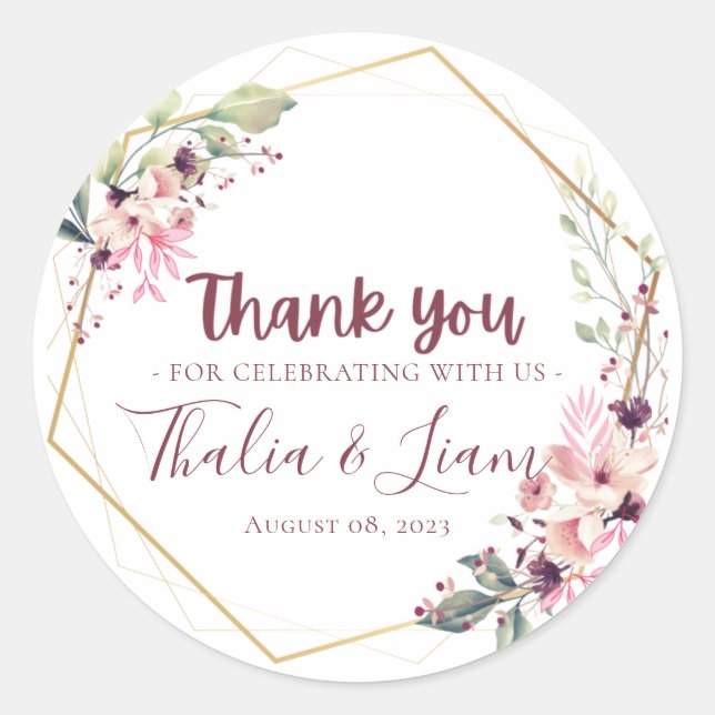 Burgundy Botanical Wedding Favour Classic Round Classic Round Sticker (Front)