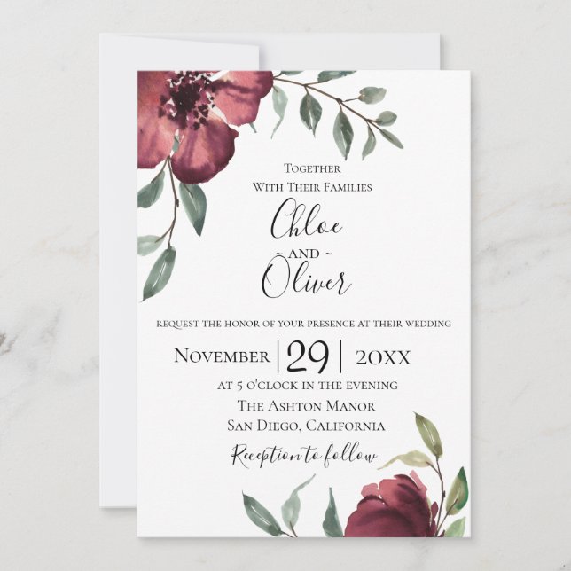 Burgundy Botanical Wedding Invitation (Front)